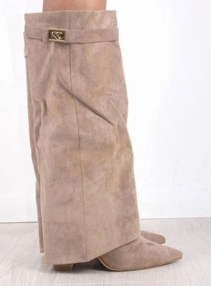 Women's Suede Pointed-Toe Gold-Buckle Thigh-High Boots