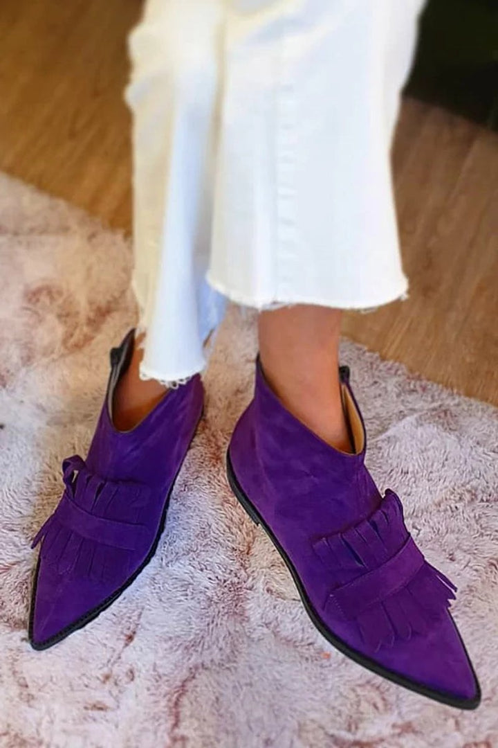 Women's Suede Pointed-Toe Tassel Fringe Slip-On Ankle Boots
