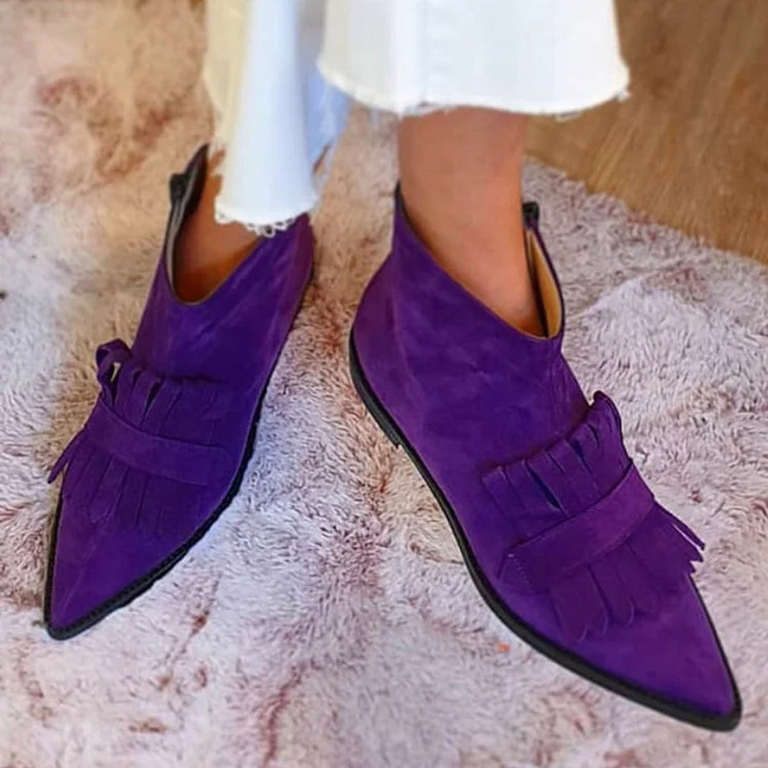 Women's Suede Pointed-Toe Tassel Fringe Slip-On Ankle Boots - Purple