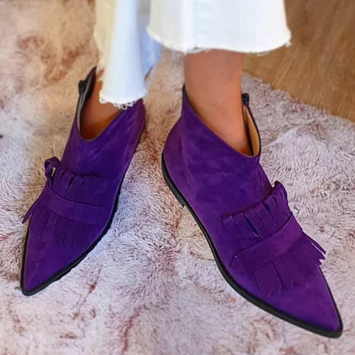 Women's Suede Pointed-Toe Tassel Fringe Slip-On Ankle Boots - Purple