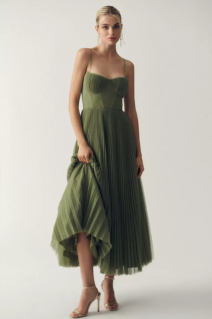Women's Sweetheart Corset Pleated Tulle Midi Dress - Green