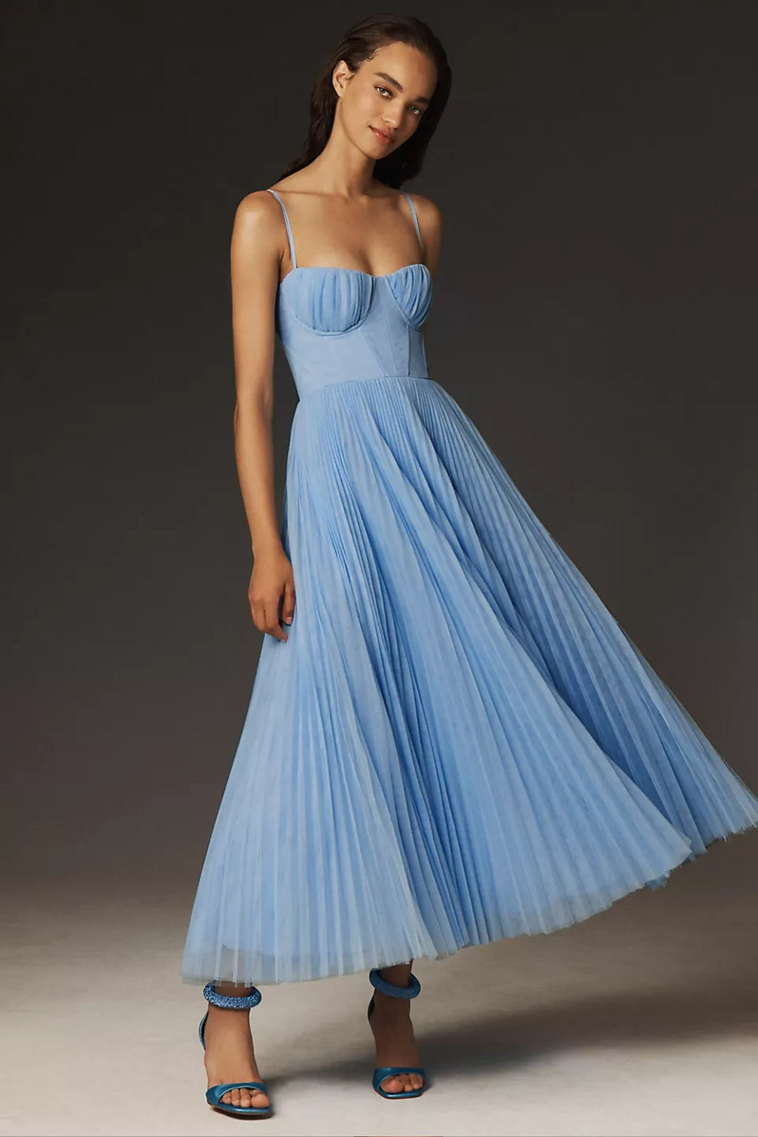 Women's Sweetheart Corset Pleated Tulle Midi Dress - Blue
