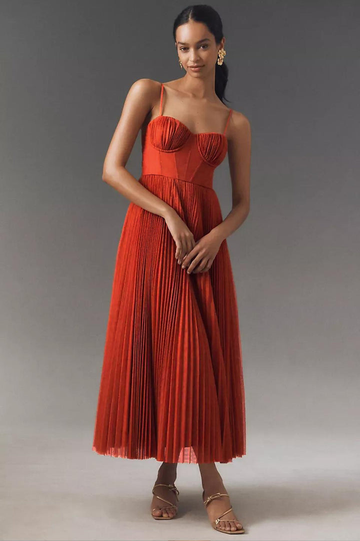 Women's Sweetheart Corset Pleated Tulle Midi Dress - Orange