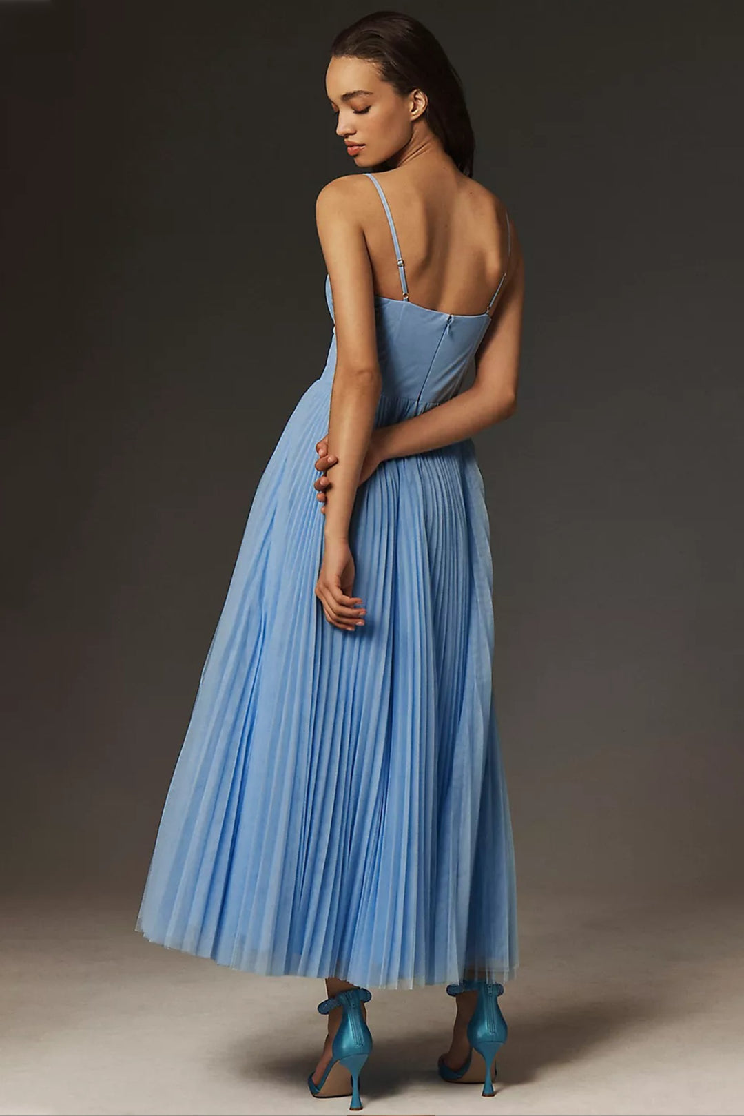 Women's Sweetheart Corset Pleated Tulle Midi Dress