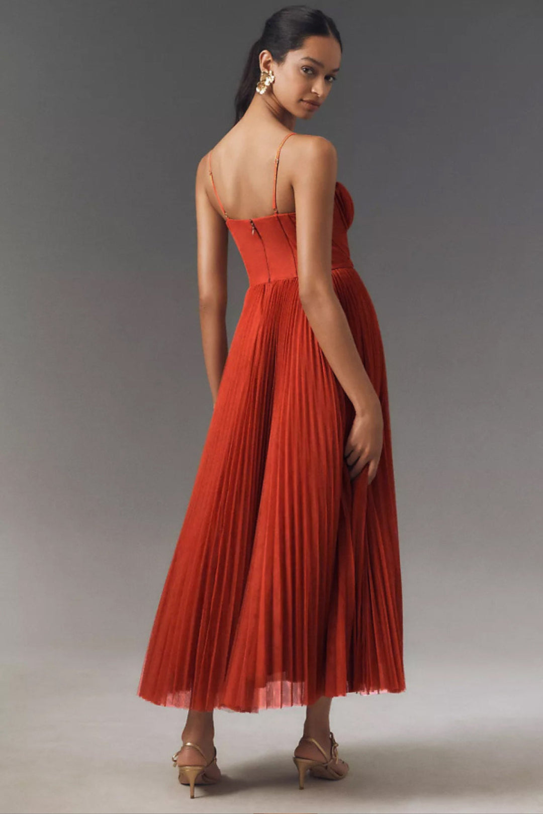 Women's Sweetheart Corset Pleated Tulle Midi Dress