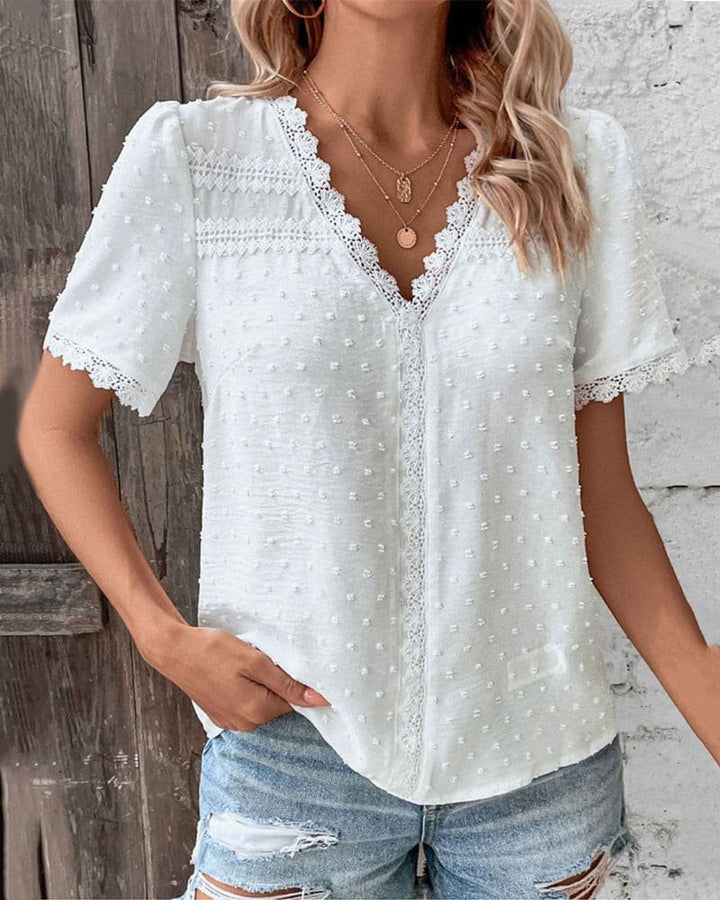 Women's Swiss Dot Lace Trim V-Neck Boho Short Sleeve Blouse