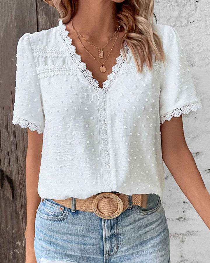 Women's Swiss Dot Lace Trim V-Neck Boho Short Sleeve Blouse - White