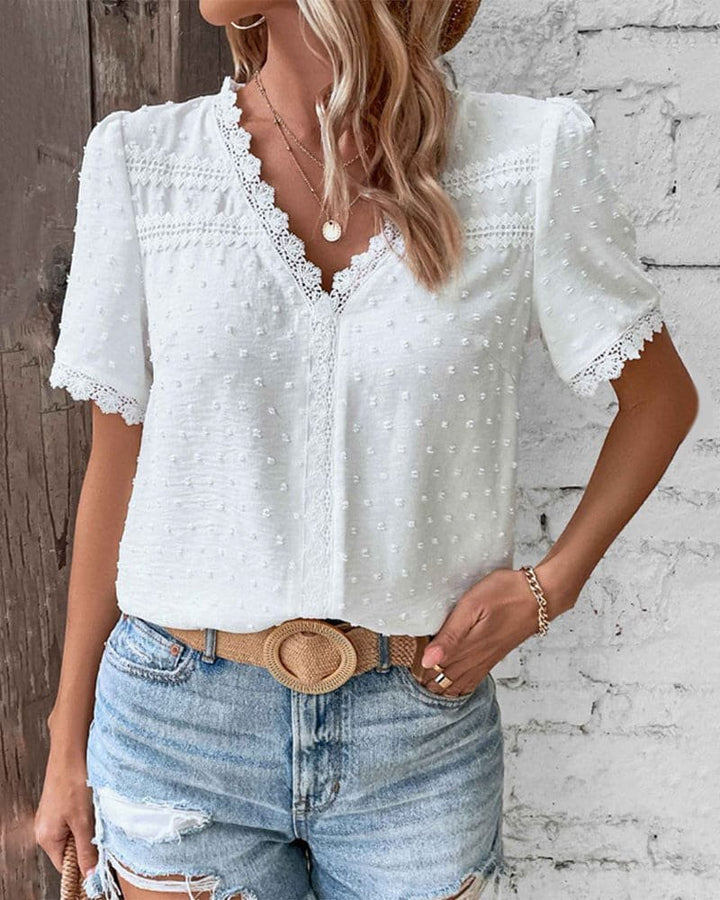 Women's Swiss Dot Lace Trim V-Neck Boho Short Sleeve Blouse