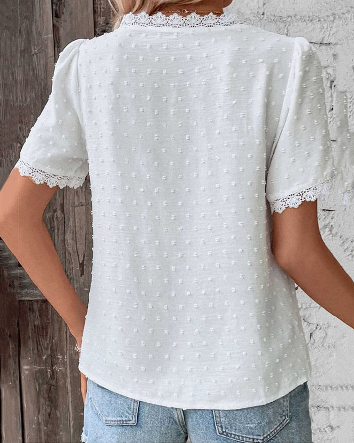Women's Swiss Dot Lace Trim V-Neck Boho Short Sleeve Blouse