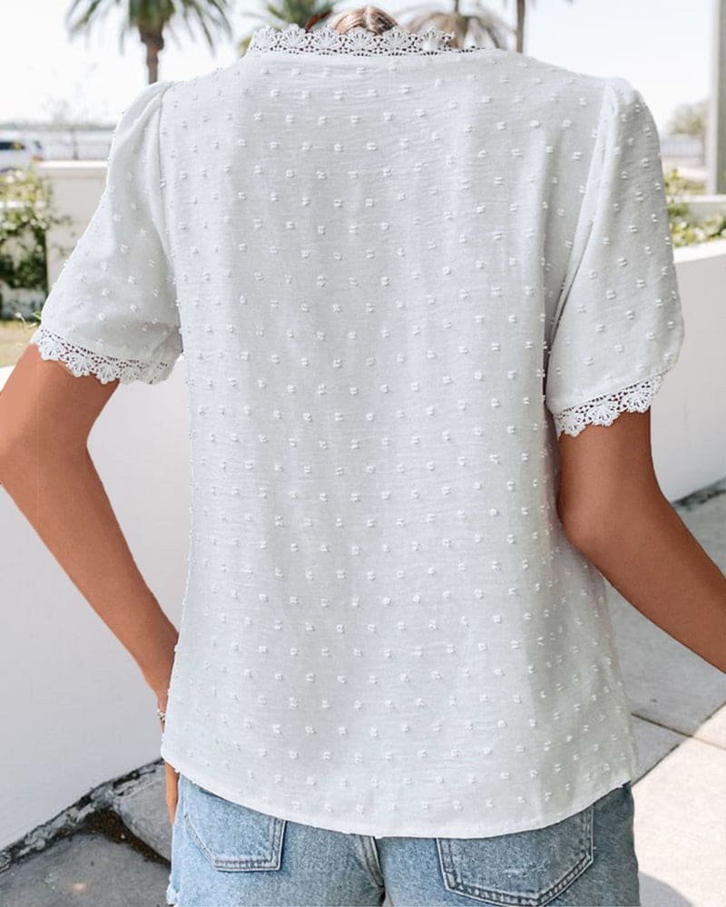 Women's Swiss Dot Lace Trim V-Neck Boho Short Sleeve Blouse