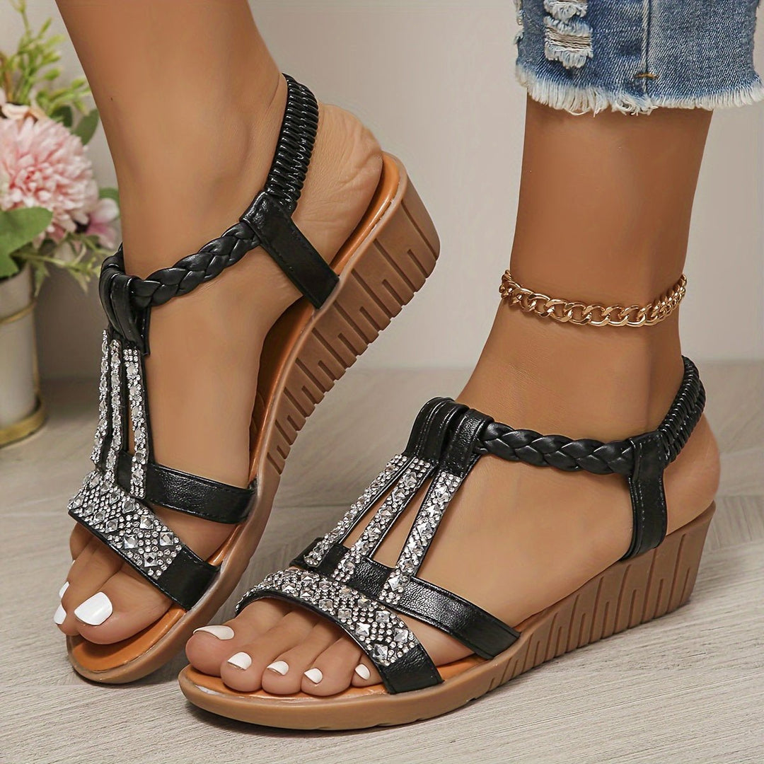 Women's T-Strap Wedge Orthopedic Sandals - Black