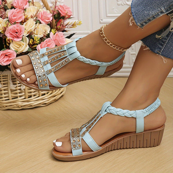 Women's T-Strap Wedge Orthopedic Sandals - Light Blue