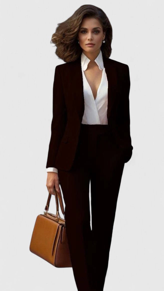 Women's Tailored Business Suit Set Structured Blazer Trousers - Black