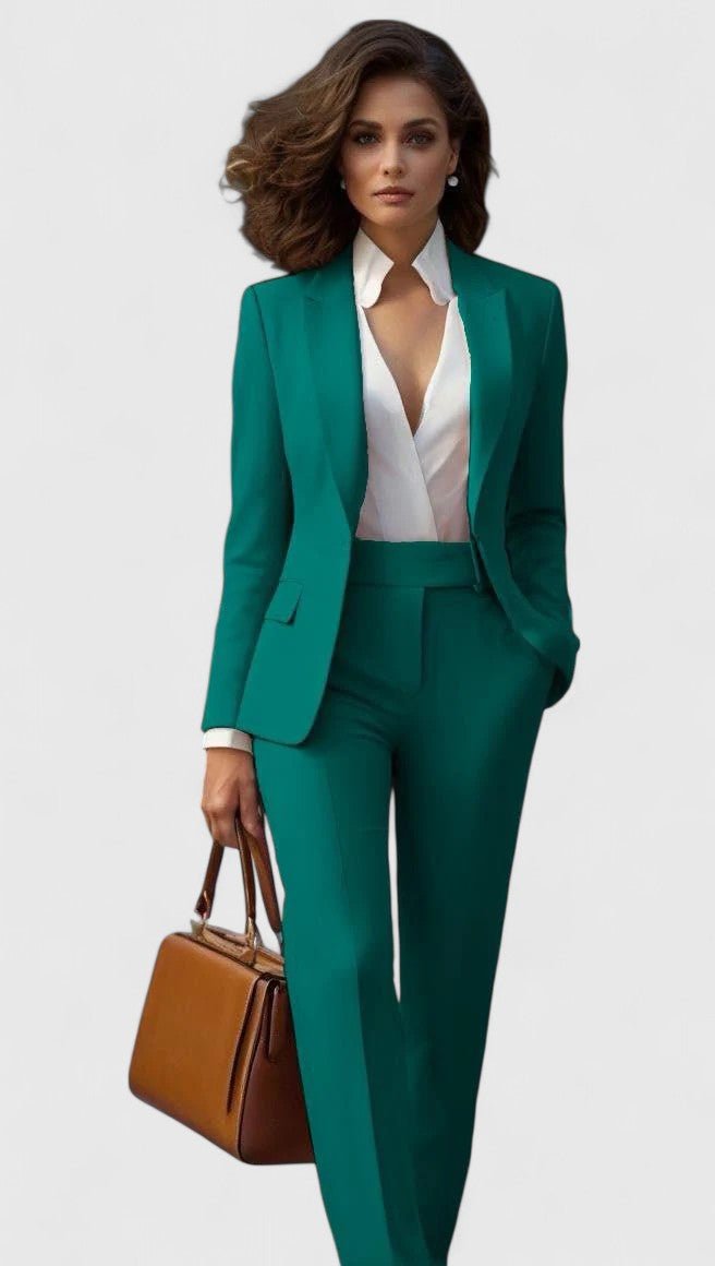 Women's Tailored Business Suit Set Structured Blazer Trousers - Green