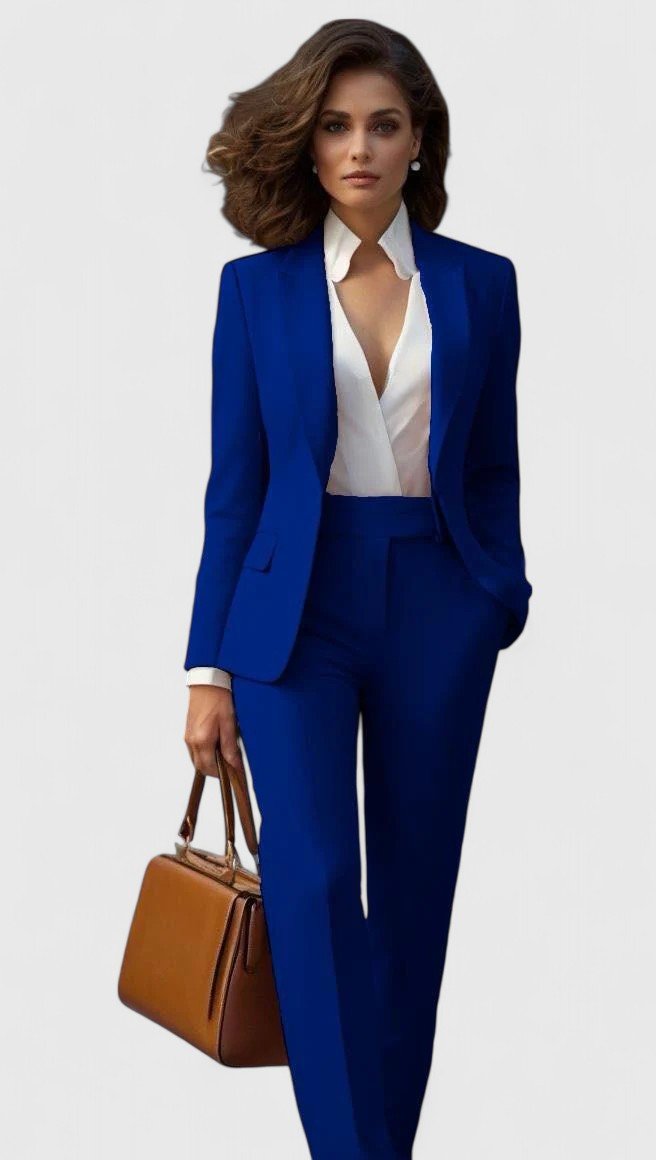 Women's Tailored Business Suit Set Structured Blazer Trousers - Blue