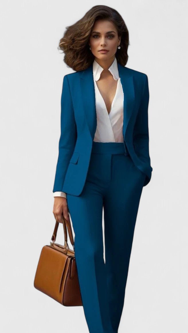 Women's Tailored Business Suit Set Structured Blazer Trousers - Petrol