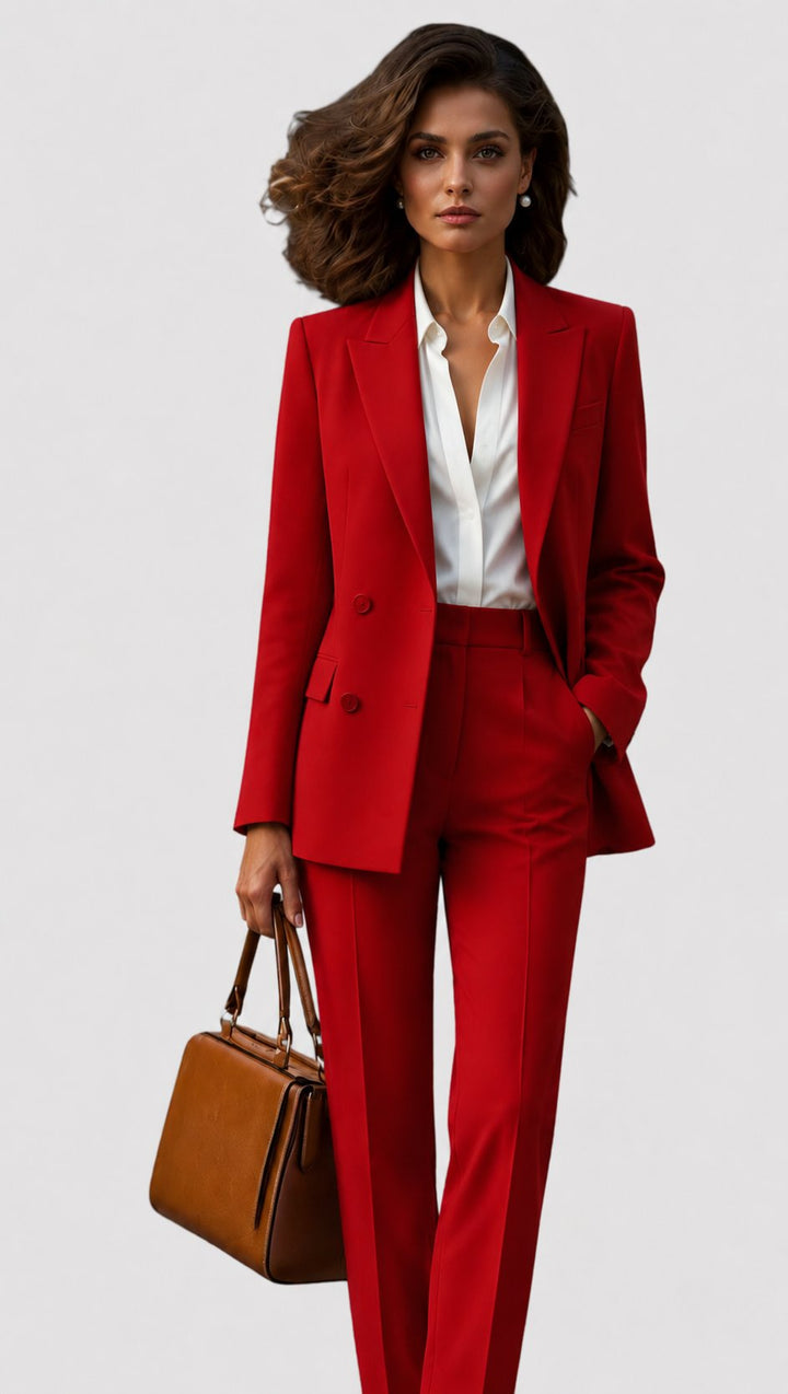 Women's Tailored Business Suit Set Structured Blazer Trousers - Red