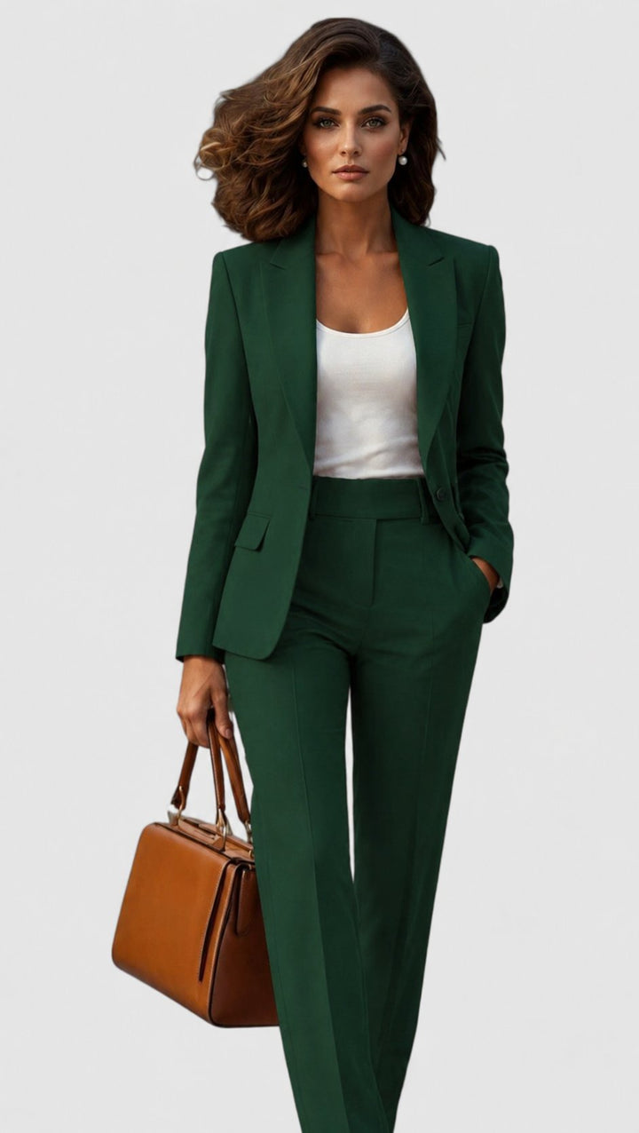 Women's Tailored Business Suit Set Structured Blazer Trousers - Dark Green