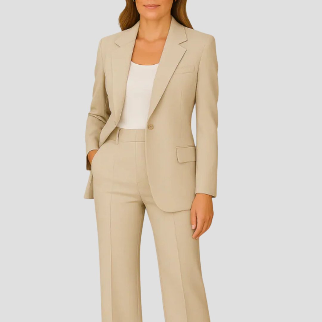 Women's Tailored Fluid Crepe Two-Piece Set Single-Button Blazer Straight-Leg Trousers - Beige