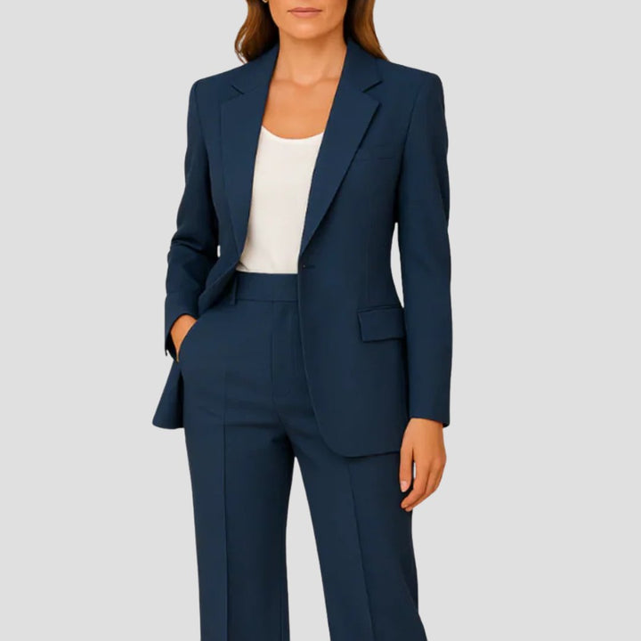Women's Tailored Fluid Crepe Two-Piece Set Single-Button Blazer Straight-Leg Trousers - Navy Blue
