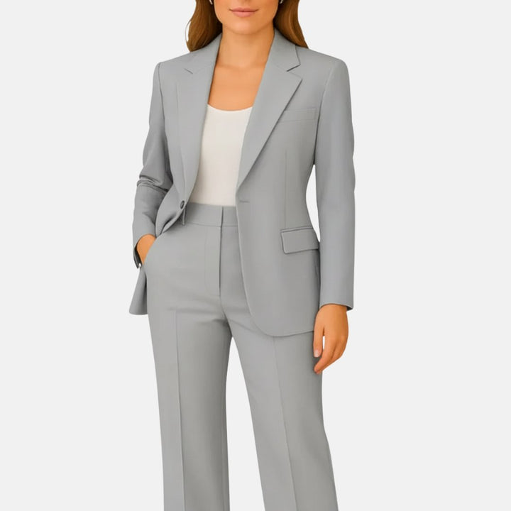 Women's Tailored Fluid Crepe Two-Piece Set Single-Button Blazer Straight-Leg Trousers - Grey