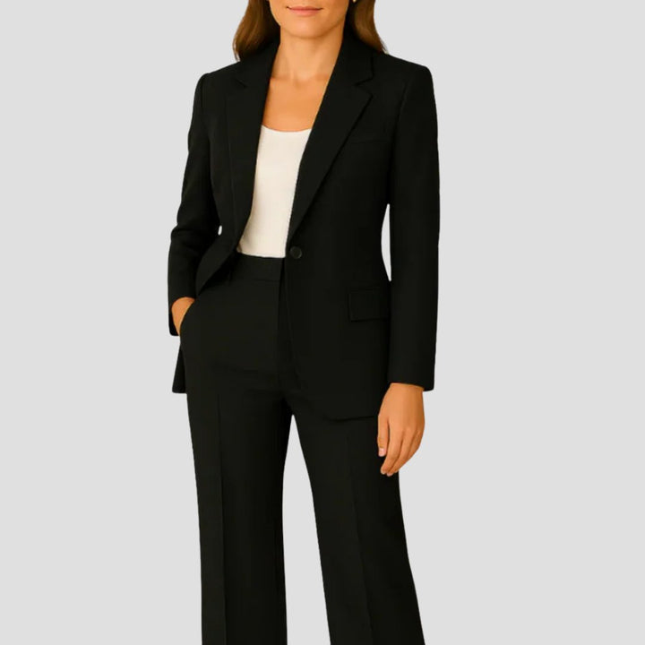 Women's Tailored Fluid Crepe Two-Piece Set Single-Button Blazer Straight-Leg Trousers - Black
