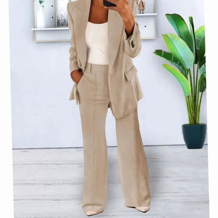 Women's Tailored Formal Suit Set Long Blazer Wide-Leg Trousers - Apricot