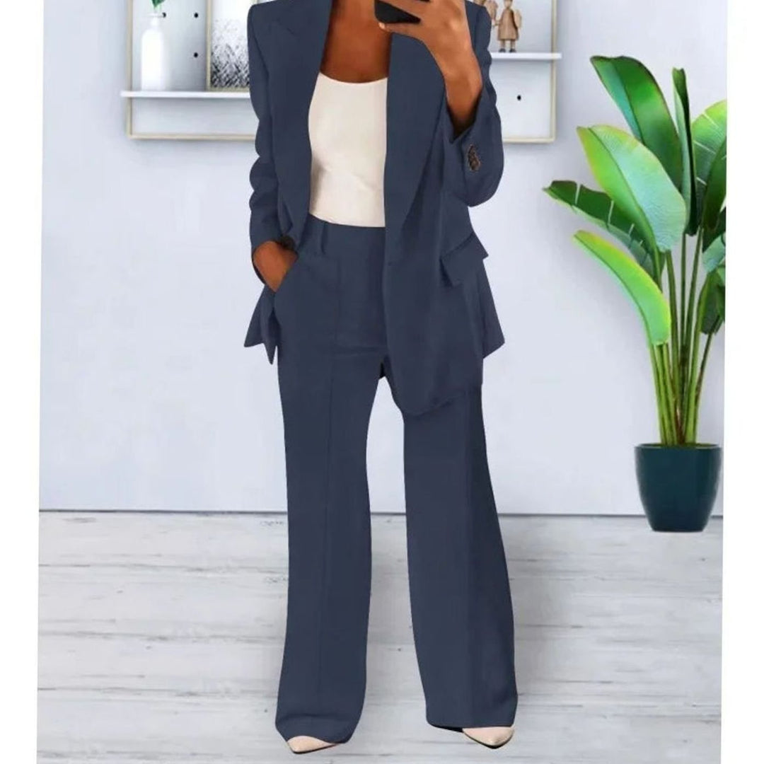 Women's Tailored Formal Suit Set Long Blazer Wide-Leg Trousers - Dark Blue