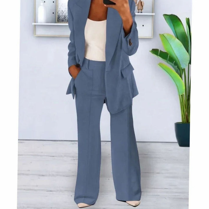 Women's Tailored Formal Suit Set Long Blazer Wide-Leg Trousers - Denim Blue