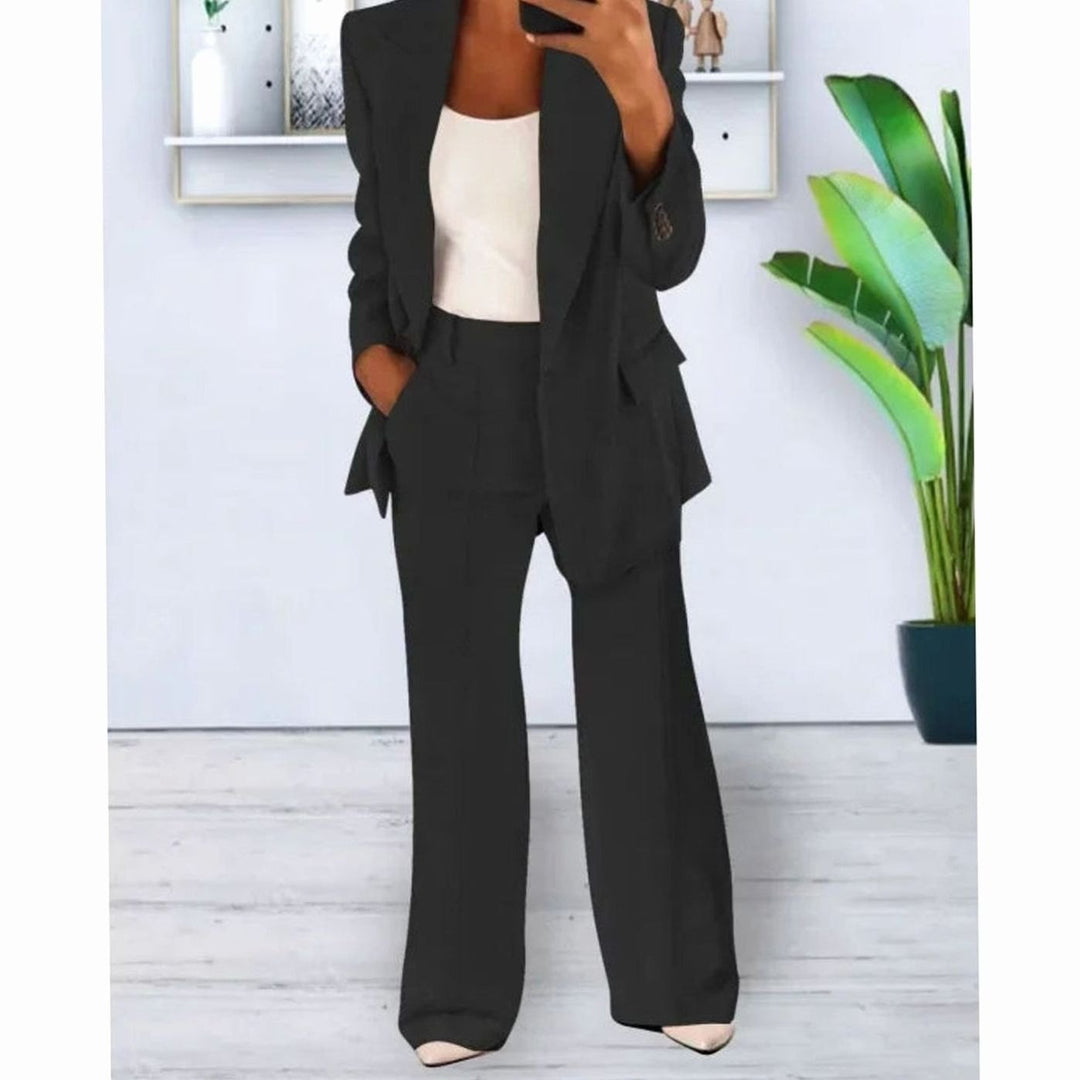 Women's Tailored Formal Suit Set Long Blazer Wide-Leg Trousers - Black