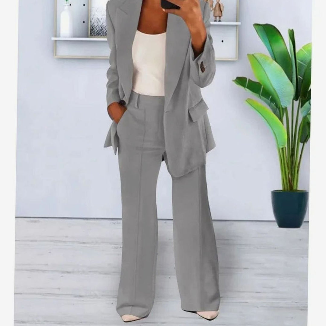 Women's Tailored Formal Suit Set Long Blazer Wide-Leg Trousers - Grey