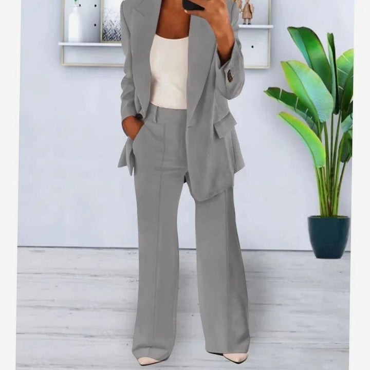 Women's Tailored Formal Suit Set Long Blazer Wide-Leg Trousers - Grey