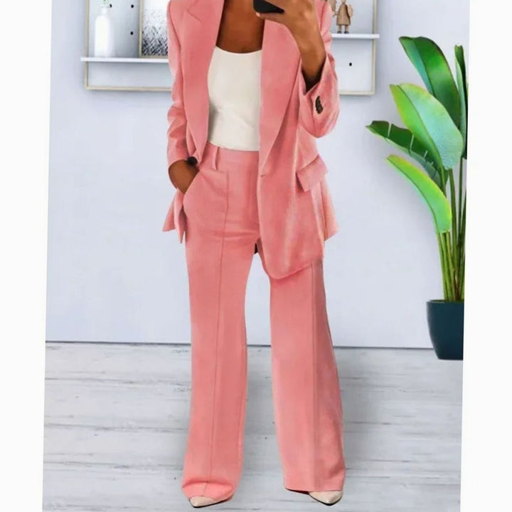 Women's Tailored Formal Suit Set Long Blazer Wide-Leg Trousers - Pink