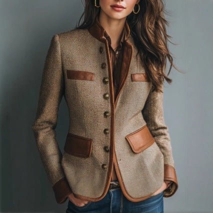 Women's Tailored Heritage Tweed Faux-Leather Trim Blazer Jacket - Brown
