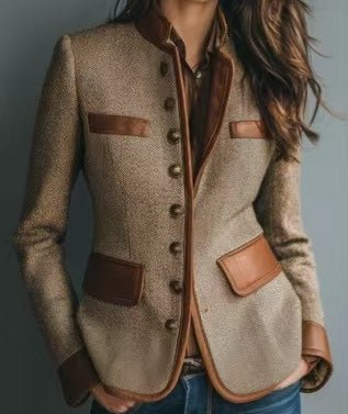 Women's Tailored Heritage Tweed Faux-Leather Trim Blazer Jacket