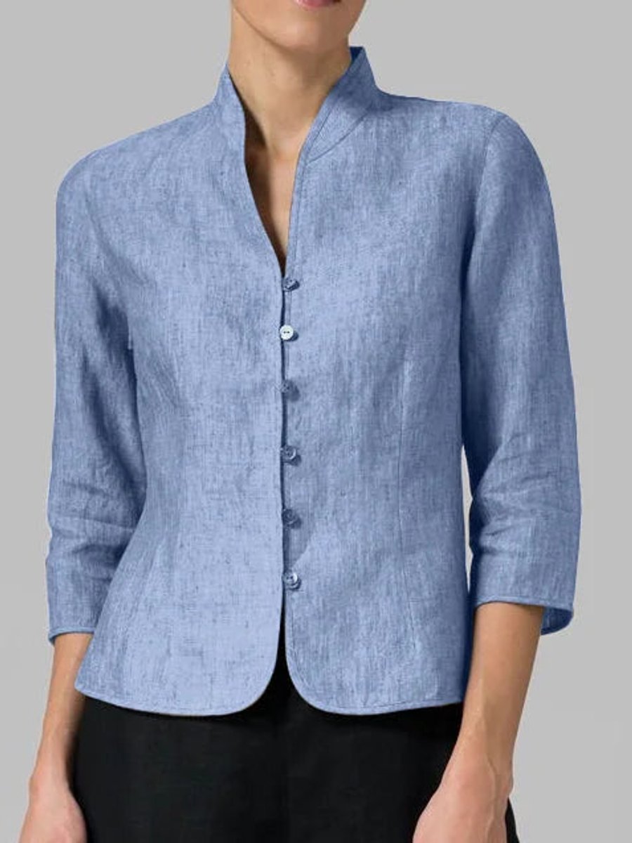 Women's Tailored Linen Blazer Mandarin Collar Button-Up - Blue