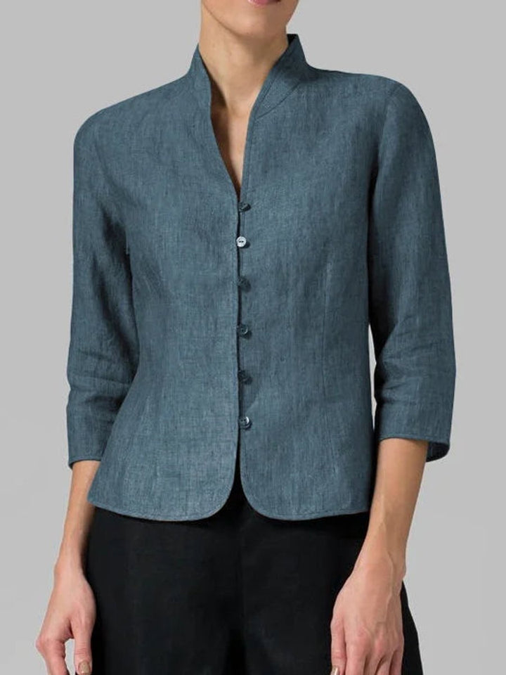 Women's Tailored Linen Blazer Mandarin Collar Button-Up
