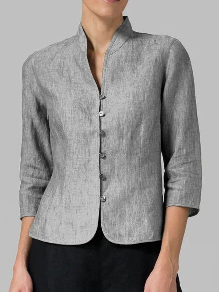 Women's Tailored Linen Blazer Mandarin Collar Button-Up