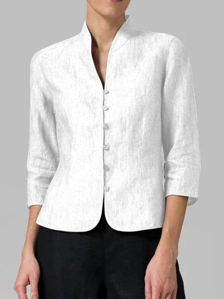 Women's Tailored Linen Blazer Mandarin Collar Button-Up - White