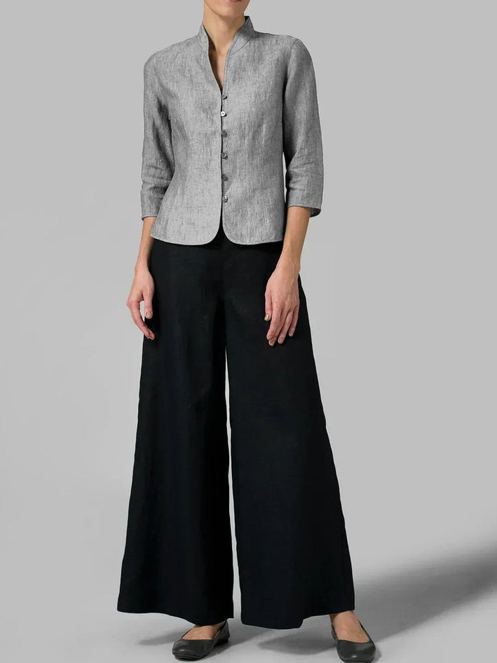 Women's Tailored Linen Blazer Mandarin Collar Button-Up - Grey
