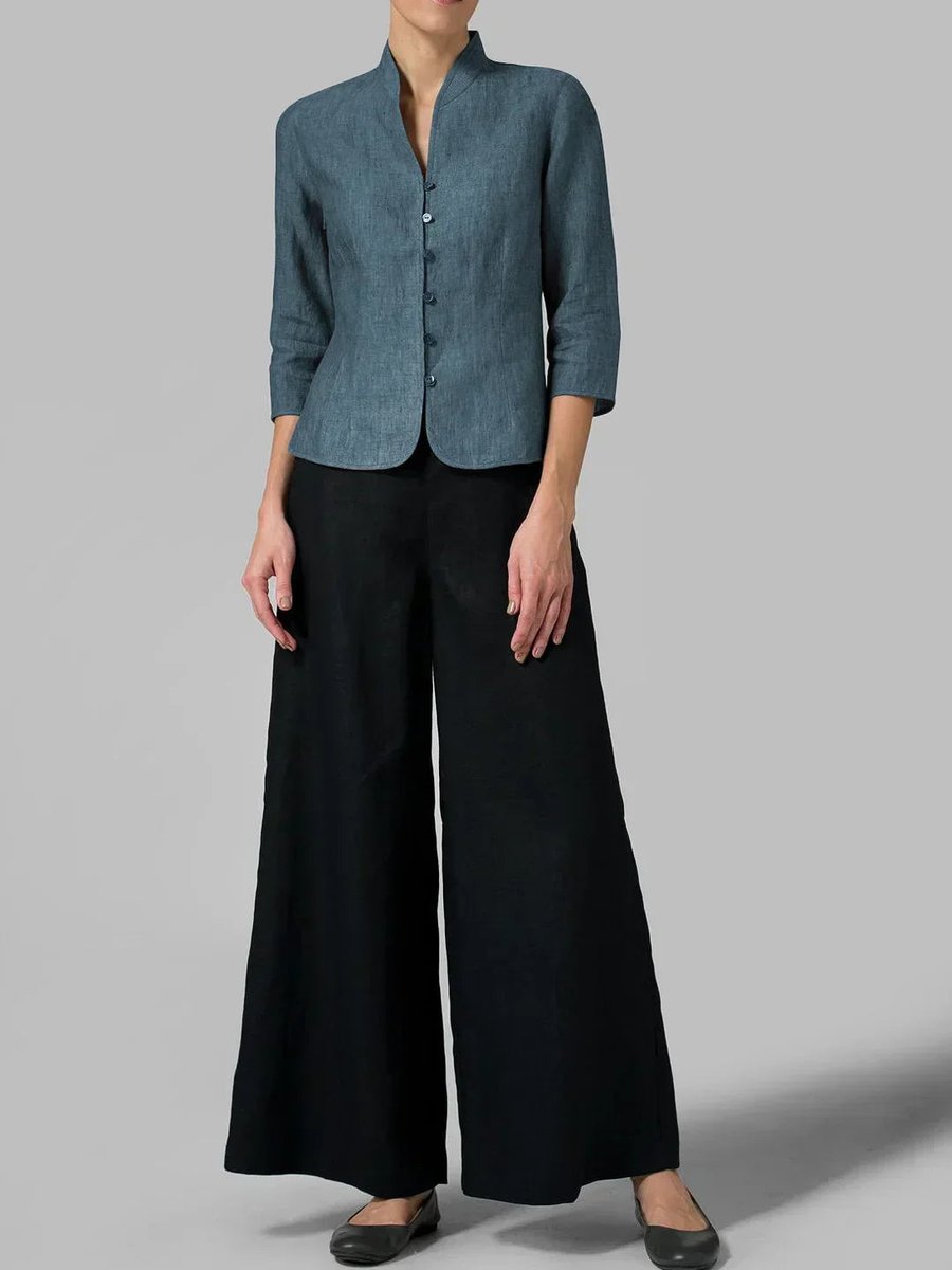 Women's Tailored Linen Blazer Mandarin Collar Button-Up