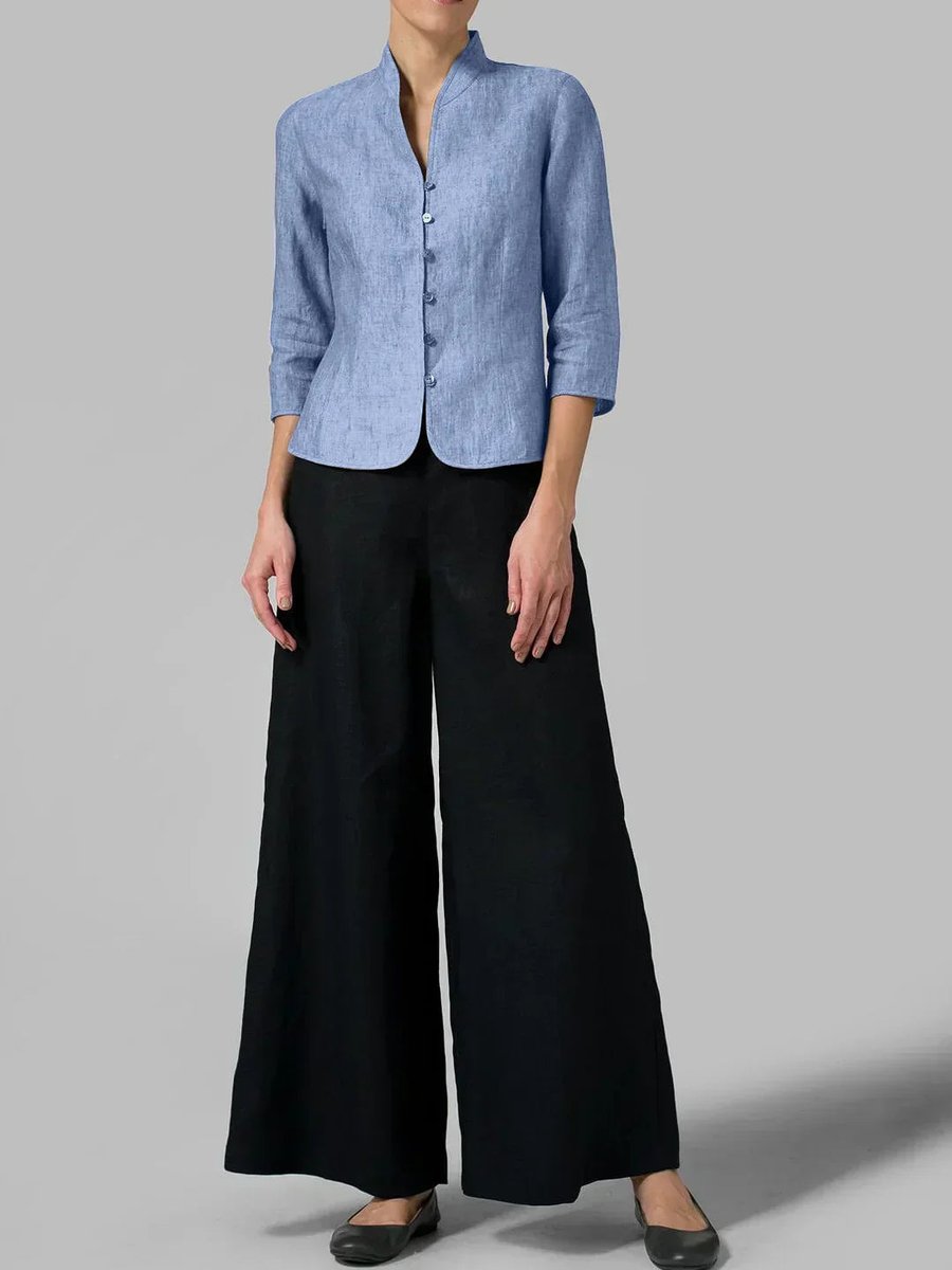 Women's Tailored Linen Blazer Mandarin Collar Button-Up