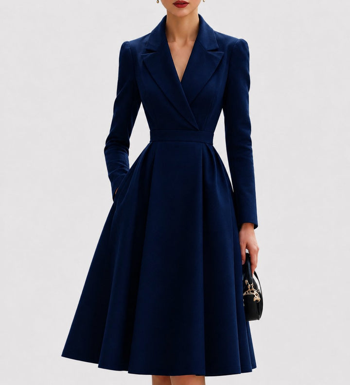 Women's Tailored Long-Sleeve Coat Formal Dresses Midi - Navy Blue