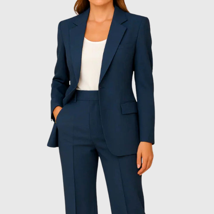 Women's Tailored Single-Button Blazer Suit Set Straight-Leg Trousers - Navy