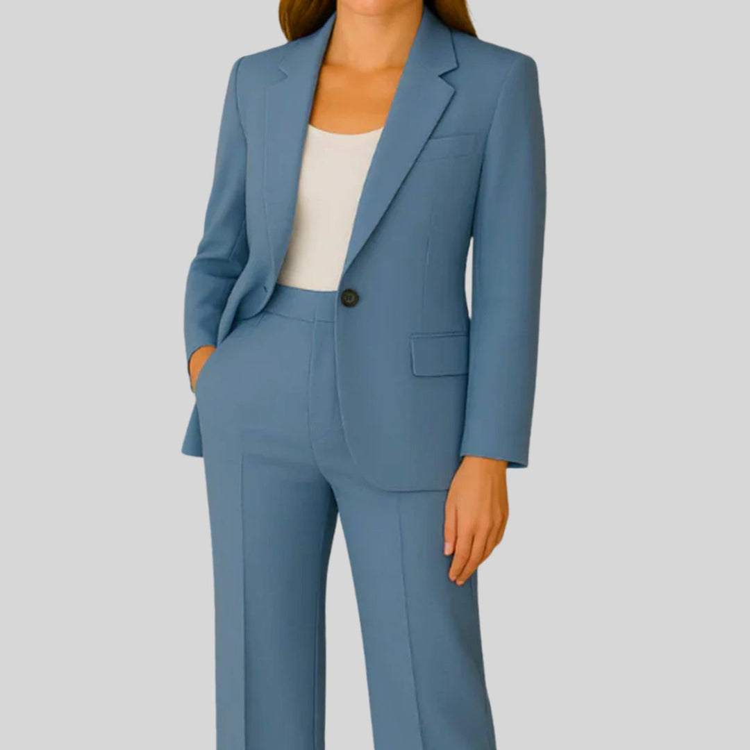 Women's Tailored Single-Button Blazer Suit Set Straight-Leg Trousers - Blue