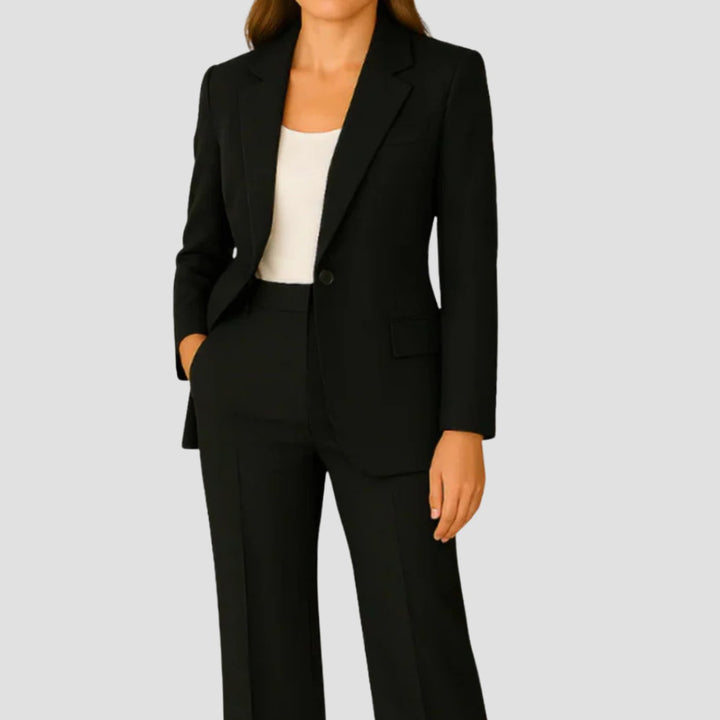 Women's Tailored Single-Button Blazer Suit Set Straight-Leg Trousers - Black