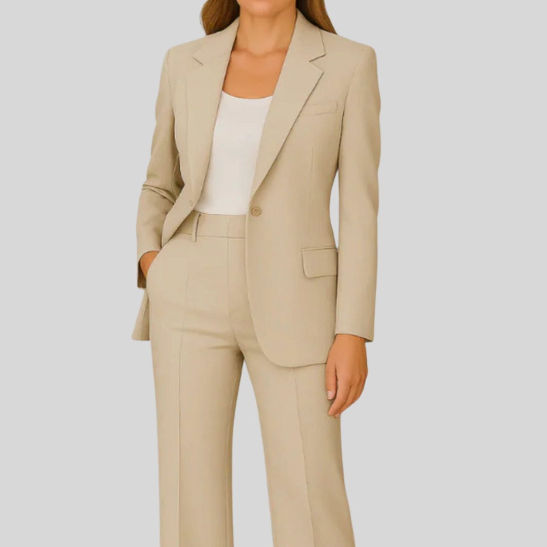 Women's Tailored Single-Button Blazer Suit Set Straight-Leg Trousers - Beige
