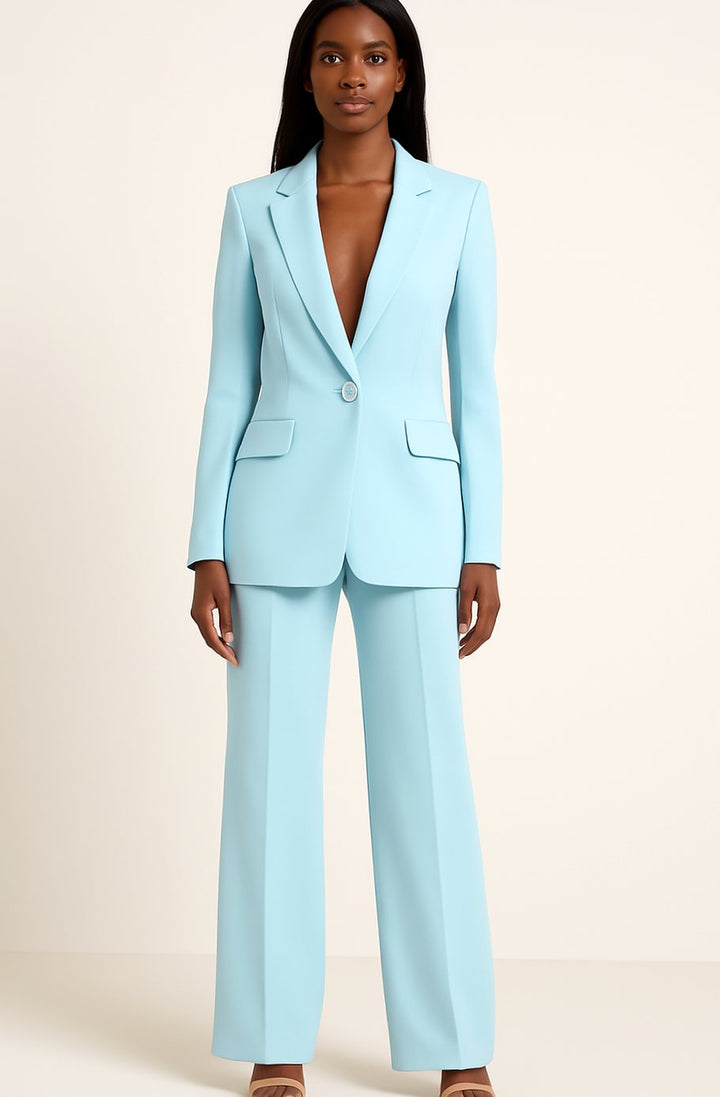 Women's Tailored Single-Button Blazer Trouser Suit Set - Turquoise