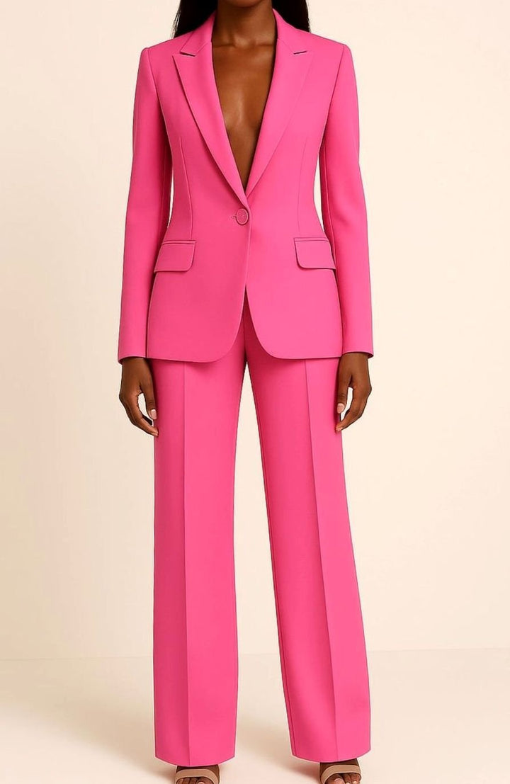 Women's Tailored Single-Button Blazer Trouser Suit Set - Pink