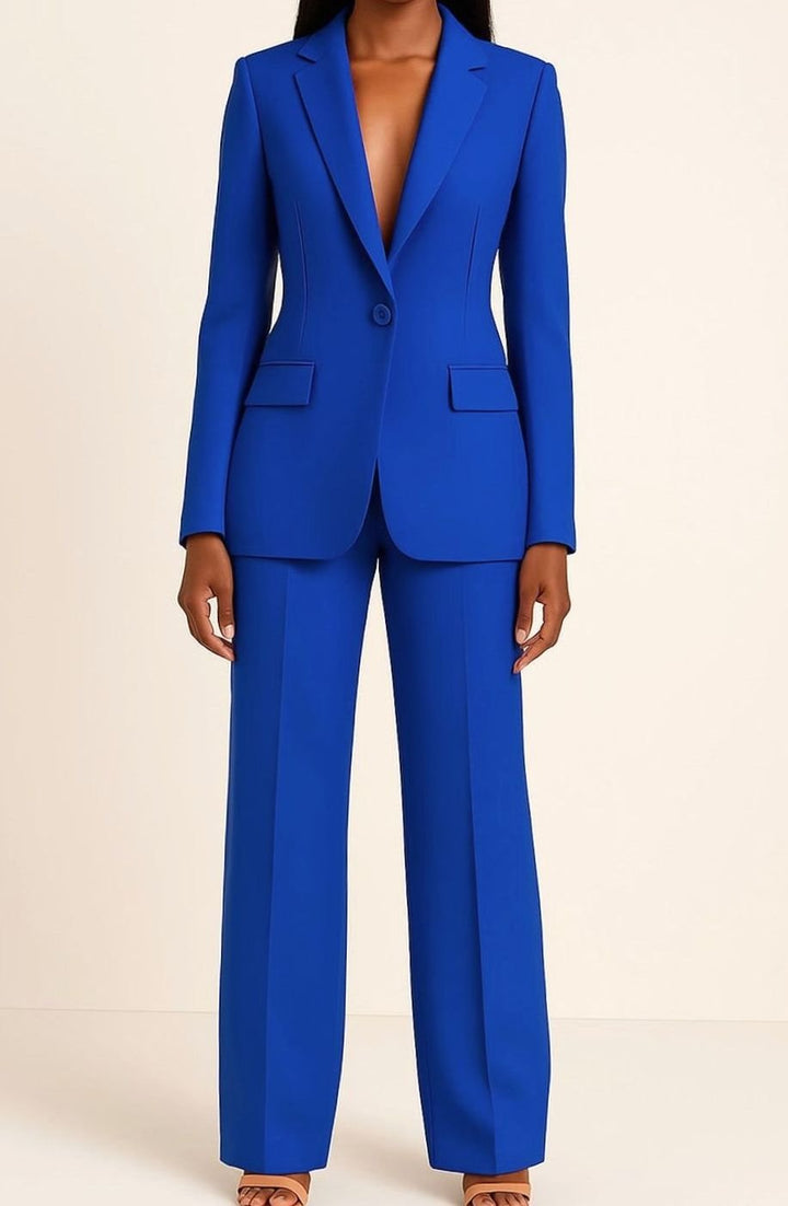 Women's Tailored Single-Button Blazer Trouser Suit Set - Blue